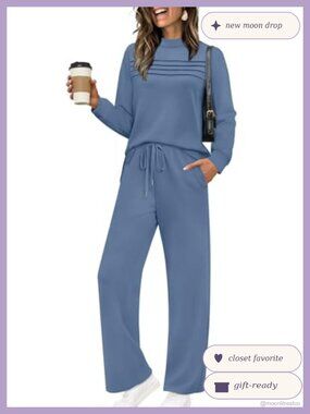 Womens Two Piece Lounge Set Long Sleeve Top Wide Leg Crop Pants Travel Set